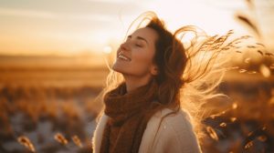 Woman wearing a brown scarf standing outside in a field with closed eyes smiling into the wind